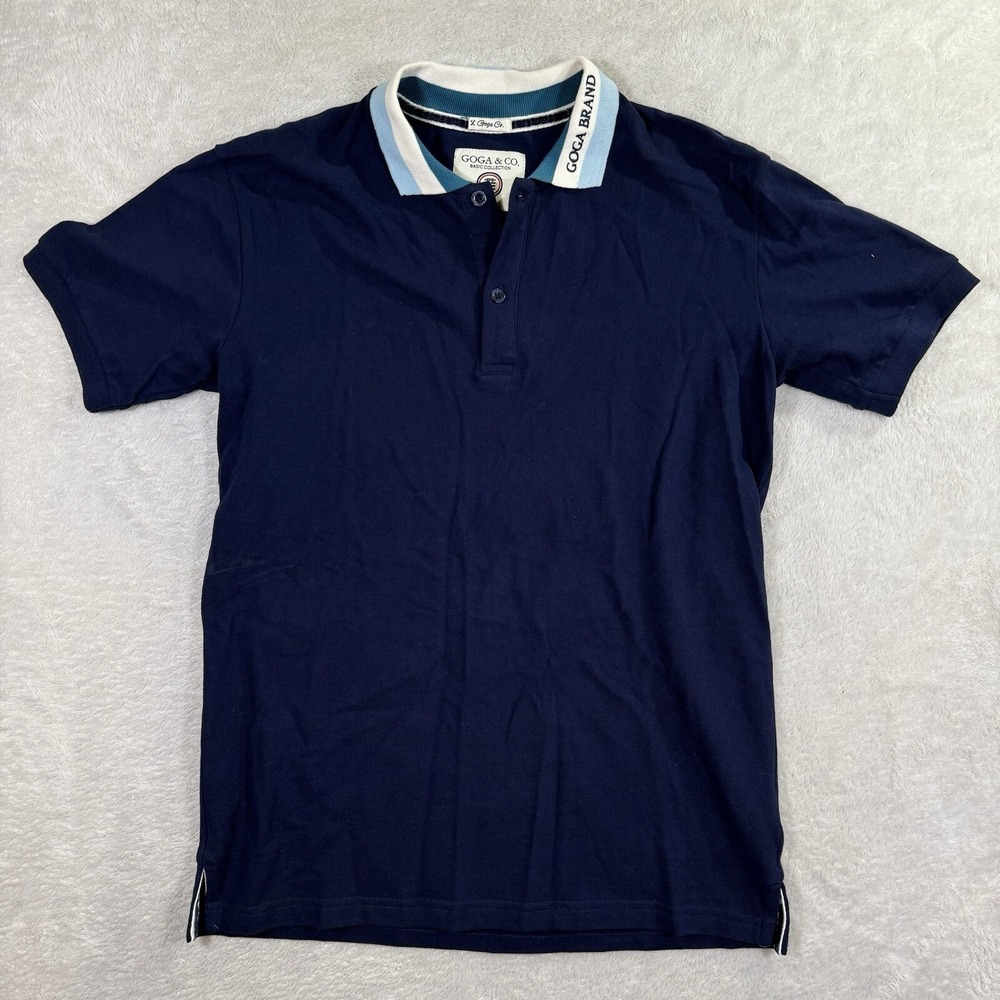 VTG Goga & Co Polo Shirt Mens Medium Navy Varsity New York Collar Logo Casual